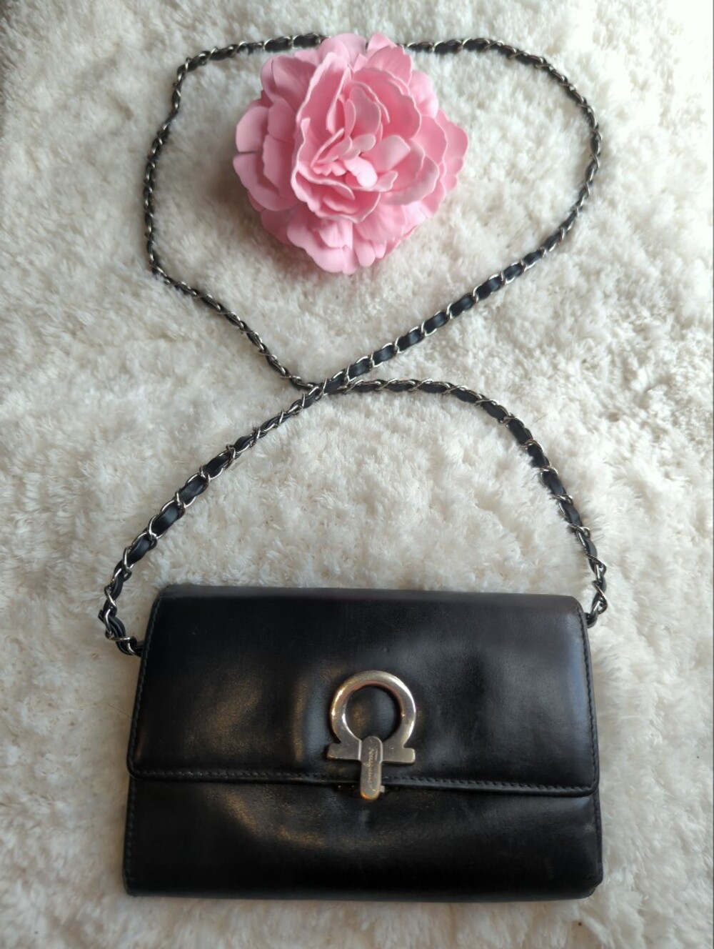 Salvatore Ferragamo Gancini Black Leather Wallet On Chain with Optional Strap